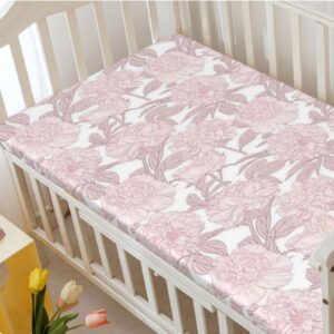 Peonies Themed Fitted Crib Sheet,Standard Crib Mattress Fitted Sheet Toddler Bed Mattress Sheets-Baby Sheet for Boys Girls,28“ x52“,Rose White