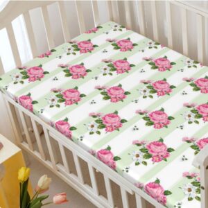 Peony Themed Fitted Crib Sheet,Standard Crib Mattress Fitted Sheet Ultra Soft Material-Baby Crib Sheets for Girl or Boy,28“ x52“,Pastel Green Rose Olive Green