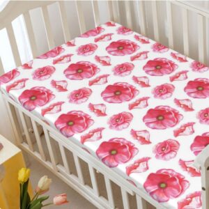 Pink Floral Themed Fitted Mini Crib Sheets,Portable Mini Crib Sheets Toddler Bed Mattress Sheets-Baby Crib Sheets for Girl or Boy,24“ x38“,Dark Coral Pale Olive Green Baby Pink