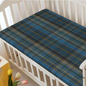 Plaid Themed Fitted Mini Crib Sheets,Portable Mini Crib Sheets Ultra Soft Material-Baby Sheet for Boys Girls,24“ x38“,Pale Teal Marigold Blue