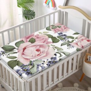 Rose Themed Fitted Mini Crib Sheets,Portable Mini Crib Sheets Soft and Breathable Bed Sheets-Crib Mattress Sheet or Toddler Bed Sheet,24“ x38“,Pale Pink Bluegrey Green