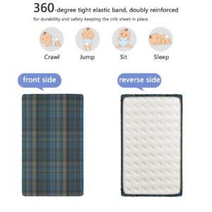 Plaid Themed Fitted Mini Crib Sheets,Portable Mini Crib Sheets Ultra Soft Material-Baby Sheet for Boys Girls,24“ x38“,Pale Teal Marigold Blue