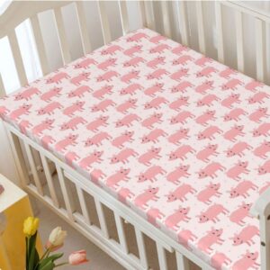 Pig Themed Fitted Mini Crib Sheets,Portable Mini Crib Sheets Soft and Breathable Bed Sheets-Crib Mattress Sheet or Toddler Bed Sheet,24“ x38“,Pale Pink and Rose