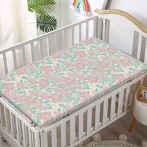 Rose Themed Fitted Crib Sheet,Standard Crib Mattress Fitted Sheet Ultra Soft Material-Baby Crib Sheets for Girl or Boy,28“ x52“,Almond Green Champagne Blush