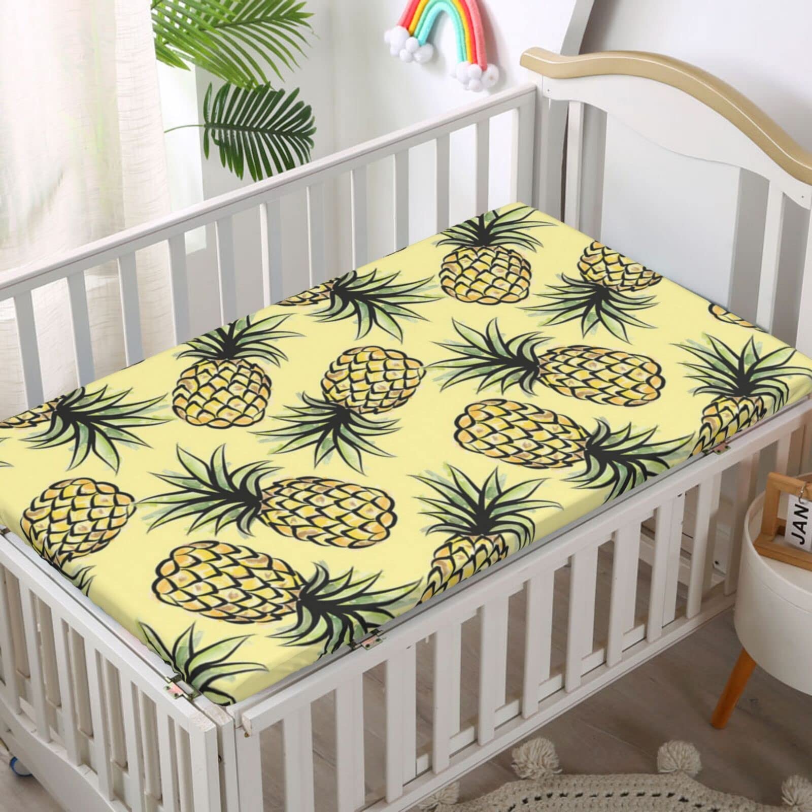 Pineapple Themed Fitted Crib Sheet,Standard Crib Mattress Fitted Sheet Soft and Breathable Bed Sheets-Baby Crib Sheets for Girl or Boy,28“ x52“,Pale Yellow Pale Green