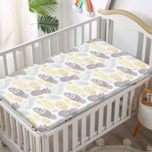 Pineapple Themed Fitted Mini Crib Sheets,Portable Mini Crib Sheets Toddler Bed Mattress Sheets-Great for Boy or Girl Room or Nursery,24“ x38“,Mustard Yellow Mauve