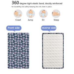 Rose Themed Fitted Mini Crib Sheets,Portable Mini Crib Sheets Soft & Stretchy Fitted Crib Sheet-Baby Sheet for Boys Girls,24“ x38“,Indigo Aqua Lilac