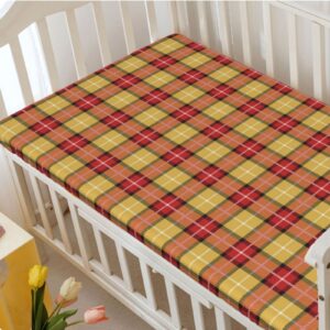 Plaid Themed Fitted Mini Crib Sheets,Portable Mini Crib Sheets Toddler Bed Mattress Sheets-Crib Mattress Sheet or Toddler Bed Sheet,24“ x38“,Salmon Earth Yellow