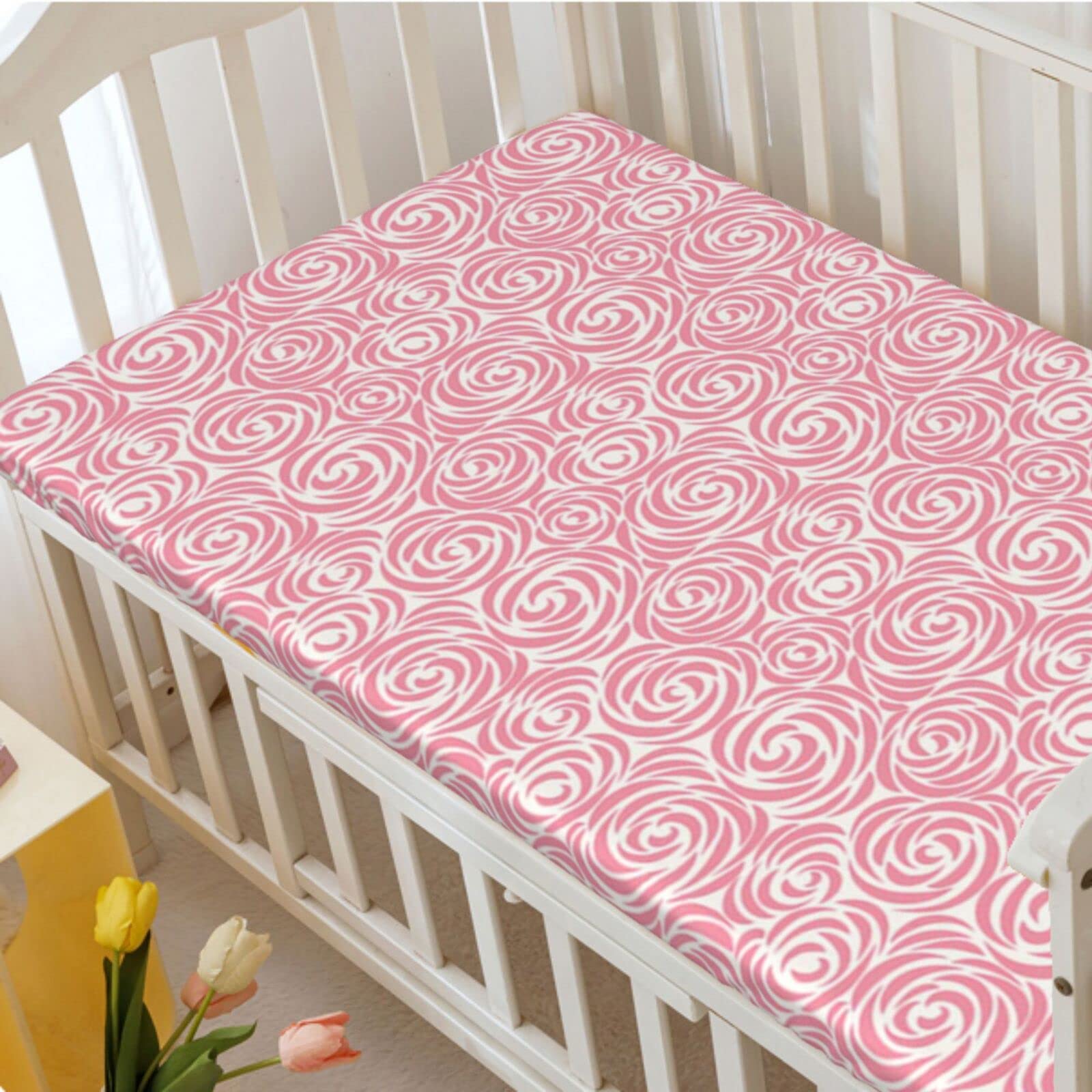 Rose Themed Fitted Crib Sheet,Standard Crib Mattress Fitted Sheet Soft Toddler Mattress Sheet Fitted-Baby Sheet for Boys Girls,28“ x52“,Pale Pink and White