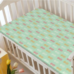 Pineapple Themed Fitted Mini Crib Sheets,Portable Mini Crib Sheets Toddler Bed Mattress Sheets-Crib Mattress Sheet or Toddler Bed Sheet,24“ x38“,Almond Green Multicolor