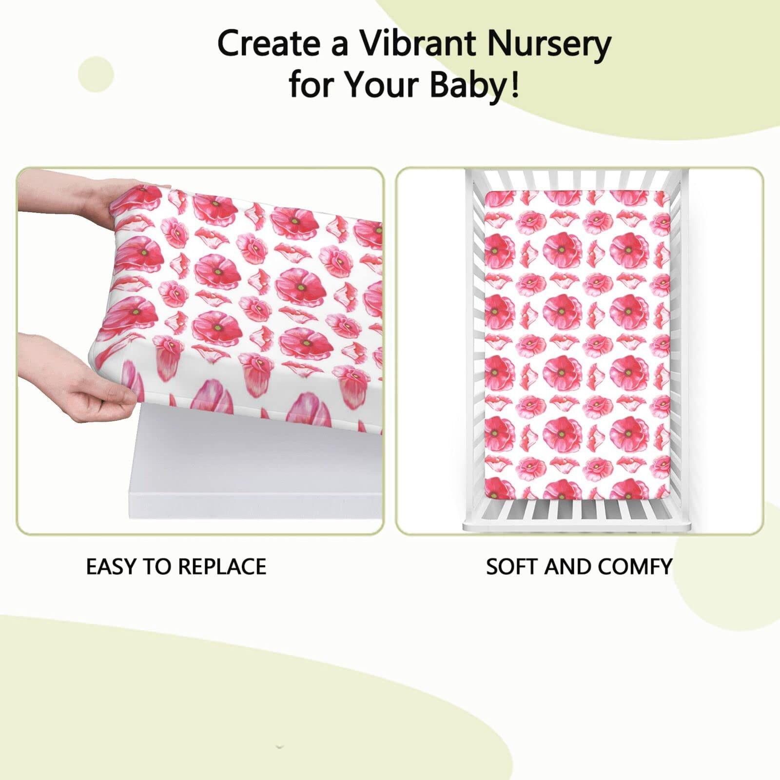 Pink Floral Themed Fitted Mini Crib Sheets,Portable Mini Crib Sheets Toddler Bed Mattress Sheets-Baby Crib Sheets for Girl or Boy,24“ x38“,Dark Coral Pale Olive Green Baby Pink