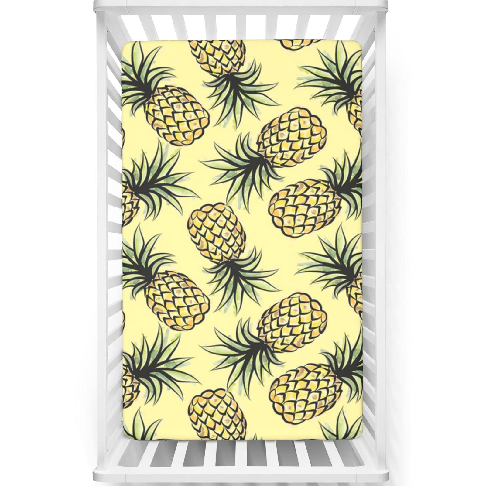 Pineapple Themed Fitted Crib Sheet,Standard Crib Mattress Fitted Sheet Soft and Breathable Bed Sheets-Baby Crib Sheets for Girl or Boy,28“ x52“,Pale Yellow Pale Green