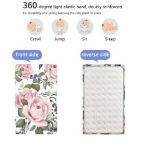 Rose Themed Fitted Mini Crib Sheets,Portable Mini Crib Sheets Soft and Breathable Bed Sheets-Crib Mattress Sheet or Toddler Bed Sheet,24“ x38“,Pale Pink Bluegrey Green