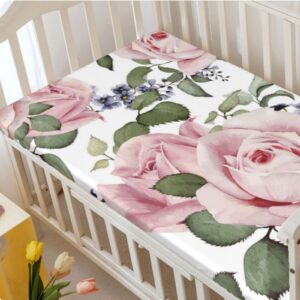 Rose Themed Fitted Mini Crib Sheets,Portable Mini Crib Sheets Soft and Breathable Bed Sheets-Crib Mattress Sheet or Toddler Bed Sheet,24“ x38“,Pale Pink Bluegrey Green