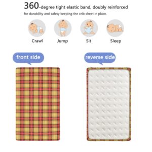 Plaid Themed Fitted Mini Crib Sheets,Portable Mini Crib Sheets Toddler Bed Mattress Sheets-Crib Mattress Sheet or Toddler Bed Sheet,24“ x38“,Salmon Earth Yellow