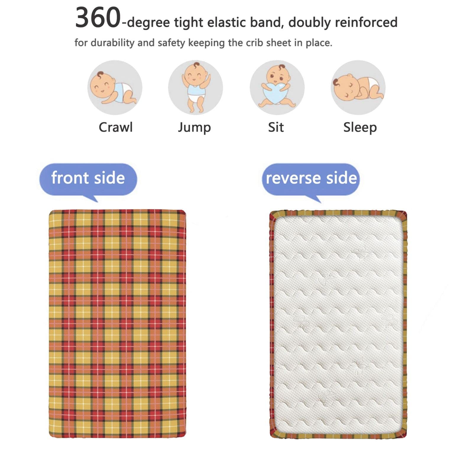 Plaid Themed Fitted Mini Crib Sheets,Portable Mini Crib Sheets Toddler Bed Mattress Sheets-Crib Mattress Sheet or Toddler Bed Sheet,24“ x38“,Salmon Earth Yellow