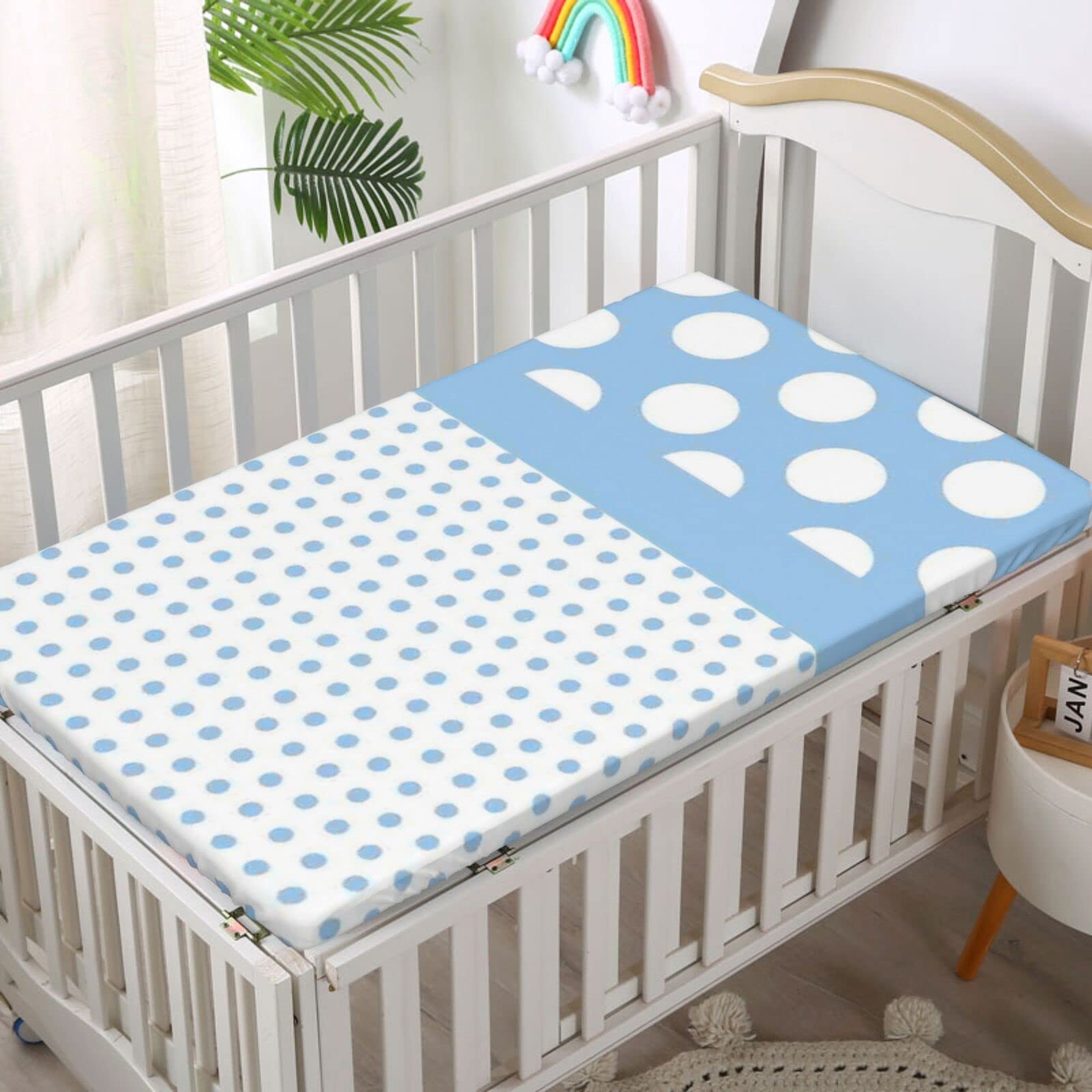 Polka Dots Themed Fitted Mini Crib Sheets,Portable Mini Crib Sheets Toddler Bed Mattress Sheets-Baby Crib Sheets for Girl or Boy,24“ x38“,White Blue