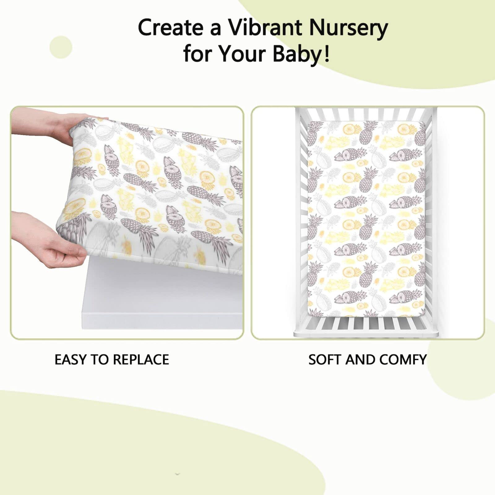 Pineapple Themed Fitted Mini Crib Sheets,Portable Mini Crib Sheets Toddler Bed Mattress Sheets-Great for Boy or Girl Room or Nursery,24“ x38“,Mustard Yellow Mauve