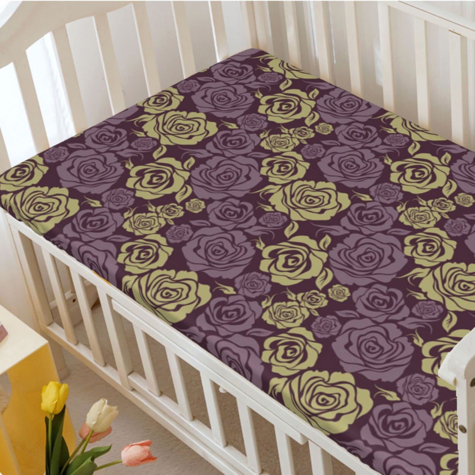 Rose Themed Fitted Mini Crib Sheets,Portable Mini Crib Sheets Toddler Bed Mattress Sheets-Crib Mattress Sheet or Toddler Bed Sheet,24“ x38“,Dark Fuchsia Khaki Pale Eggplant