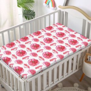 Pink Floral Themed Fitted Mini Crib Sheets,Portable Mini Crib Sheets Toddler Bed Mattress Sheets-Baby Crib Sheets for Girl or Boy,24“ x38“,Dark Coral Pale Olive Green Baby Pink