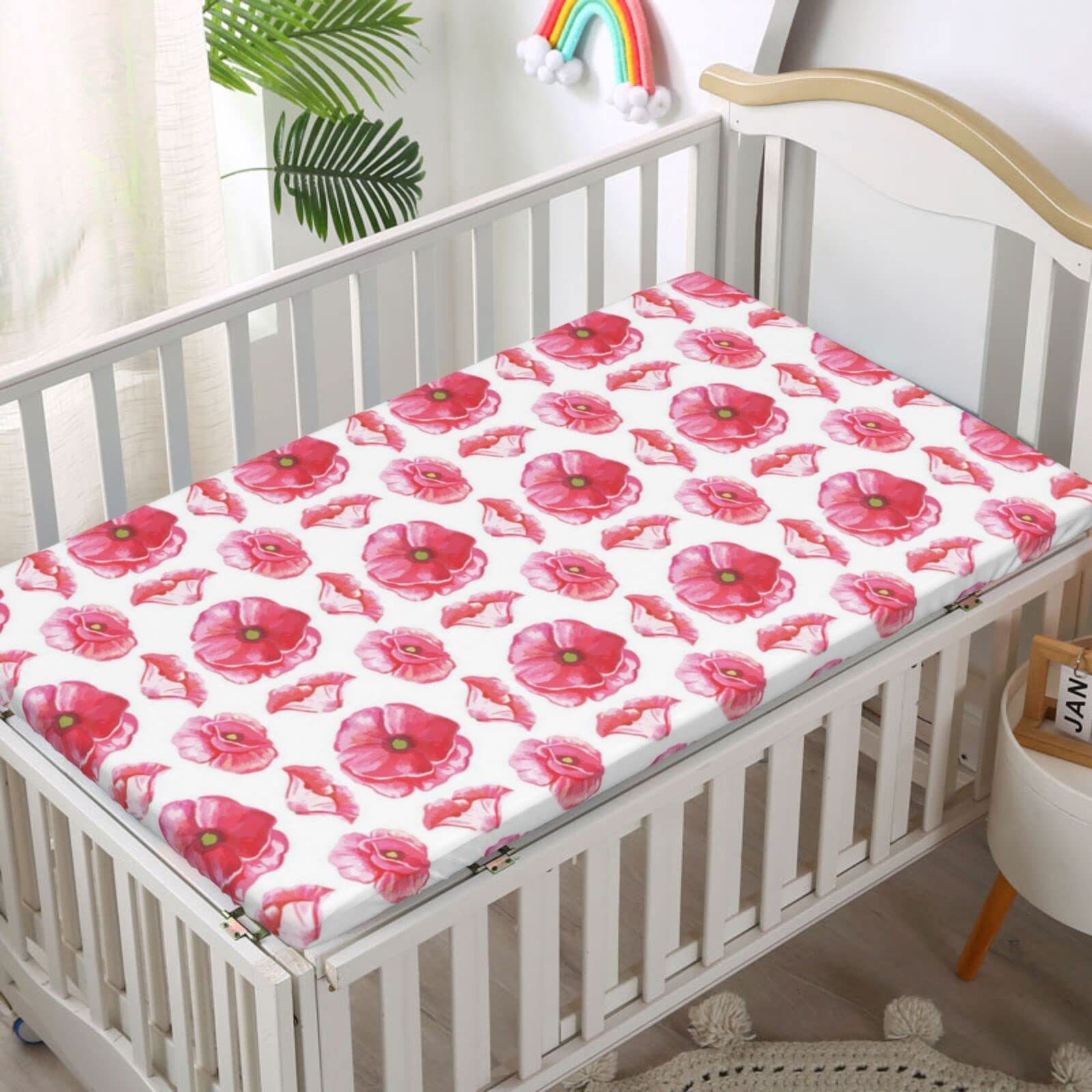 Pink Floral Themed Fitted Mini Crib Sheets,Portable Mini Crib Sheets Toddler Bed Mattress Sheets-Baby Crib Sheets for Girl or Boy,24“ x38“,Dark Coral Pale Olive Green Baby Pink