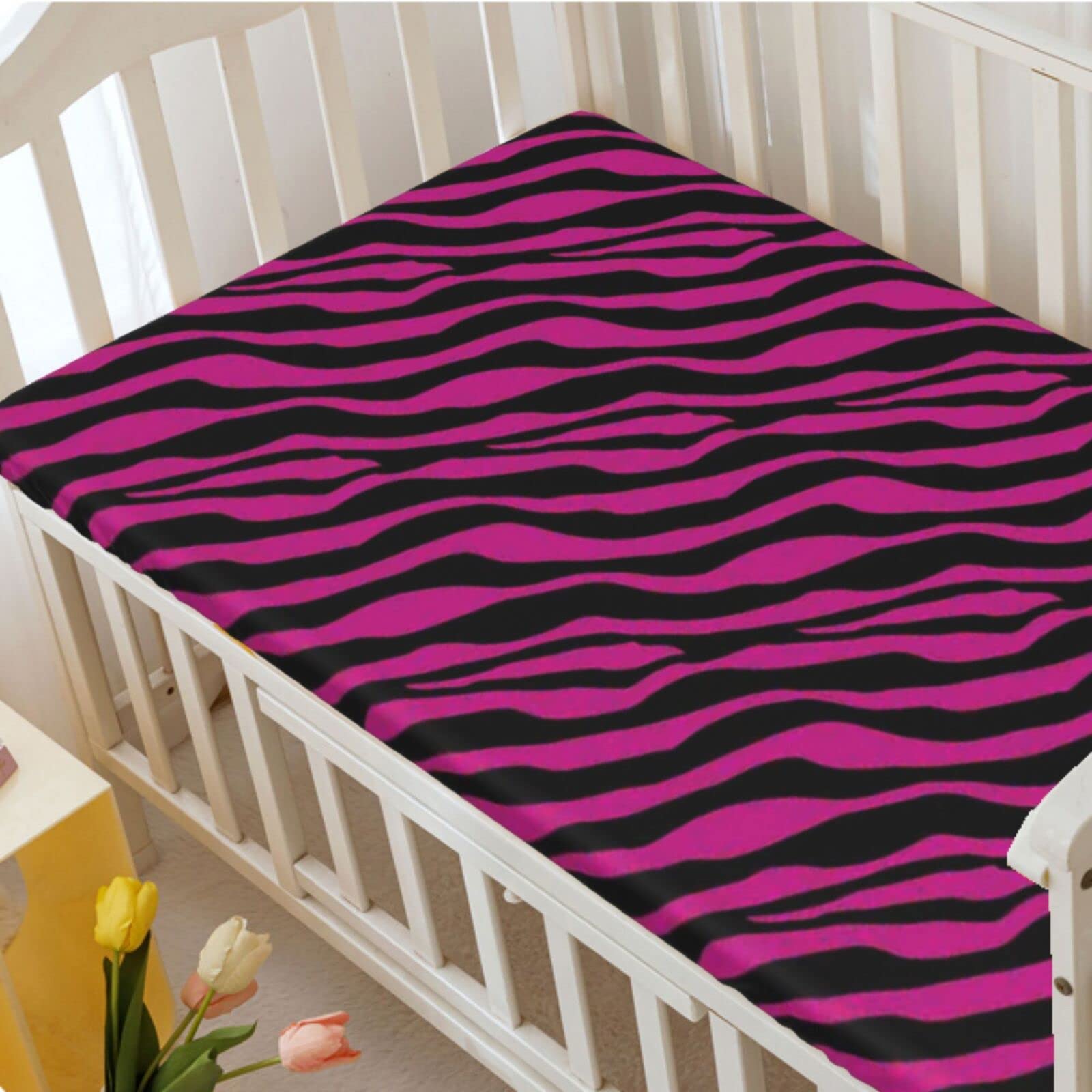 Pink Zebra Themed Fitted Mini Crib Sheets,Portable Mini Crib Sheets Toddler Bed Mattress Sheets-Crib Mattress Sheet or Toddler Bed Sheet,24“ x38“,Magenta Onyx