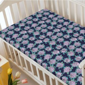 Rose Themed Fitted Mini Crib Sheets,Portable Mini Crib Sheets Soft & Stretchy Fitted Crib Sheet-Baby Sheet for Boys Girls,24“ x38“,Indigo Aqua Lilac