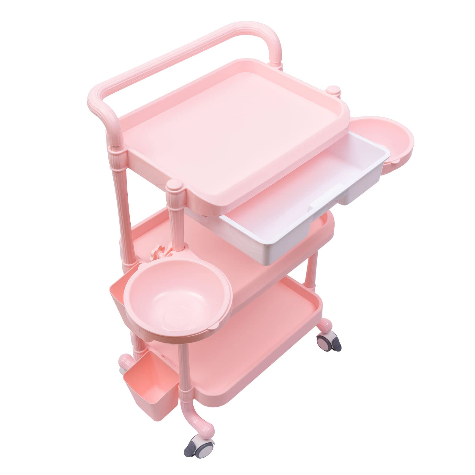 3 Tier Rolling Salon Trolley Stand Be-au-ty S-P-A Storage Organizer Stand Mobile Service Cart Storage Tray for Equipment Hair Salon Tool Rack, 330lbs Loading,18.9x13x33.3in (Pink)