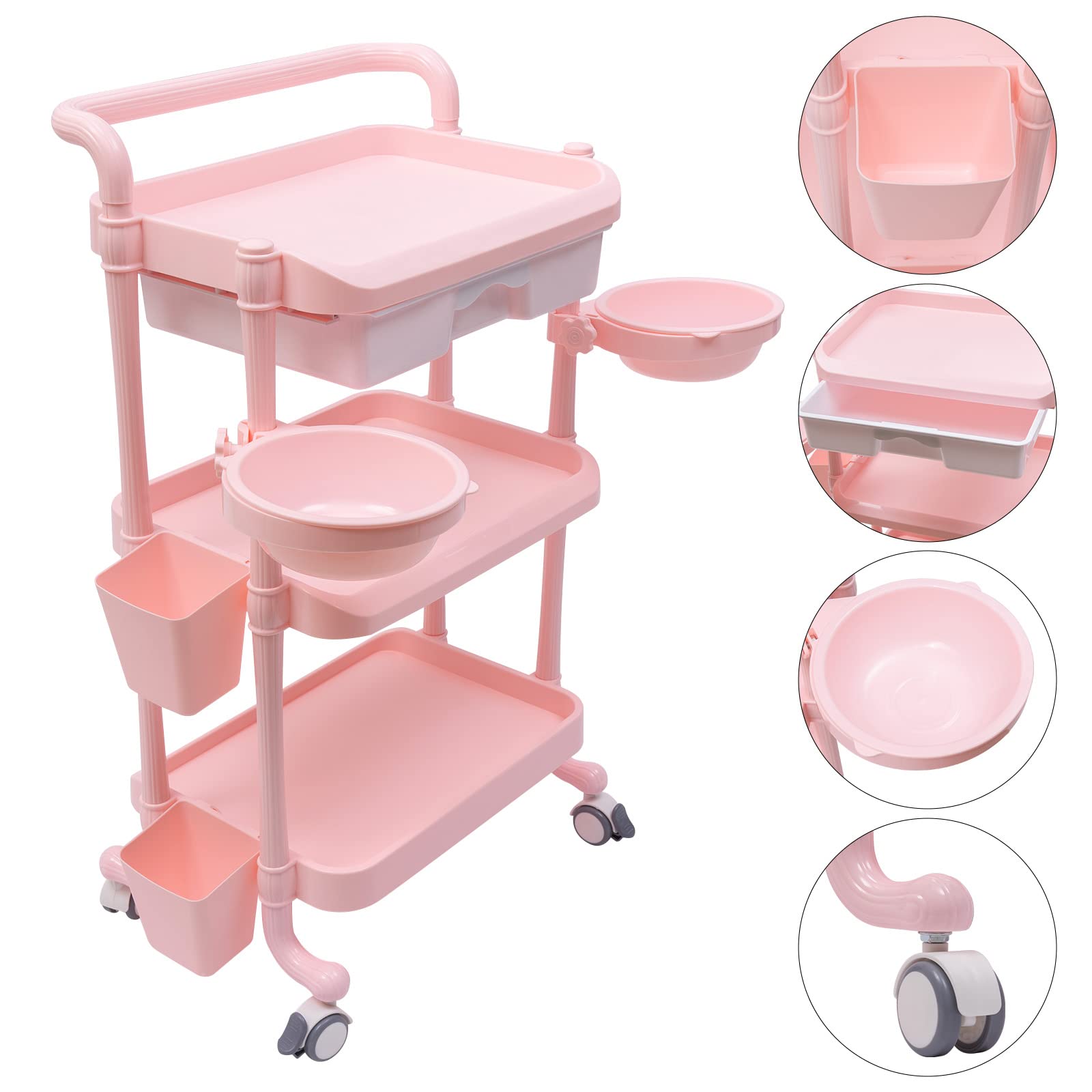 3 Tier Rolling Salon Trolley Stand Be-au-ty S-P-A Storage Organizer Stand Mobile Service Cart Storage Tray for Equipment Hair Salon Tool Rack, 330lbs Loading,18.9x13x33.3in (Pink)