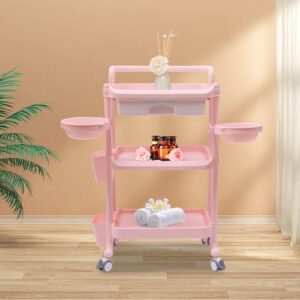 3 Tier Rolling Salon Trolley Stand Be-au-ty S-P-A Storage Organizer Stand Mobile Service Cart Storage Tray for Equipment Hair Salon Tool Rack, 330lbs Loading,18.9x13x33.3in (Pink)