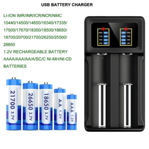 Universal Smart Battery Charger 2 Bay, 18650 Smart Charger for Li-ion LiFePO4 IMR 18650 26650 14500(AA) 16340(123A) Battery