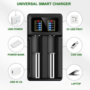 Universal Smart Battery Charger 2 Bay, 18650 Smart Charger for Li-ion LiFePO4 IMR 18650 26650 14500(AA) 16340(123A) Battery