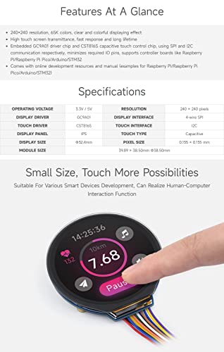 Waveshare 1.28inch Round LCD Display Module with Touch Panel, 240×240 Resolution, IPS, SPI and I2C Communication, Compatible with Raspberry Pi 5/4B/3B/Zero/Zero W/Zero 2W/Pico/Pico W/Pico WH