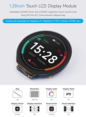 Waveshare 1.28inch Round LCD Display Module with Touch Panel, 240×240 Resolution, IPS, SPI and I2C Communication, Compatible with Raspberry Pi 5/4B/3B/Zero/Zero W/Zero 2W/Pico/Pico W/Pico WH