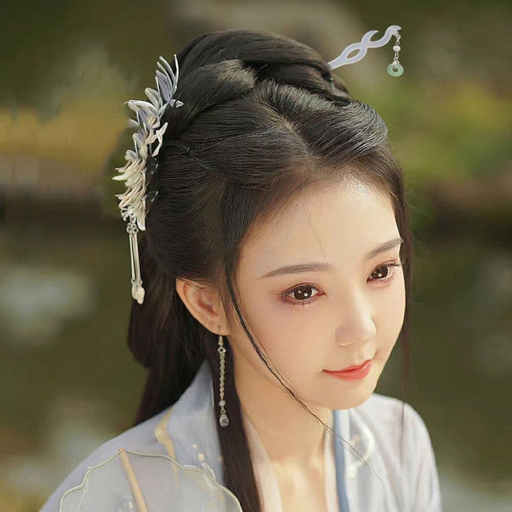 Hanfu Hair Sticks Chinese Style Acetate Hairpins Hair Fork Leaf Pendent Tassel Flower Pendent Hair pins(C)