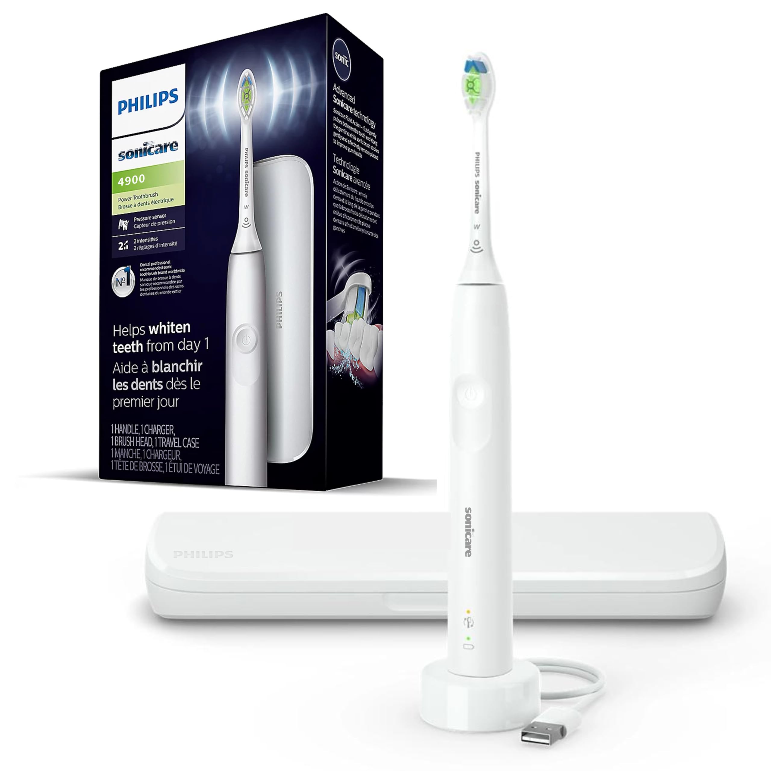 PHILIPS Sonicare Electric Toothbrush with DiamondClean Brush Head, Phillips Sonicare Rechargeable Toothbrush with Pressure Sensor, Sonic Electronic Toothbrush, Travel Case, White 1.0 Count