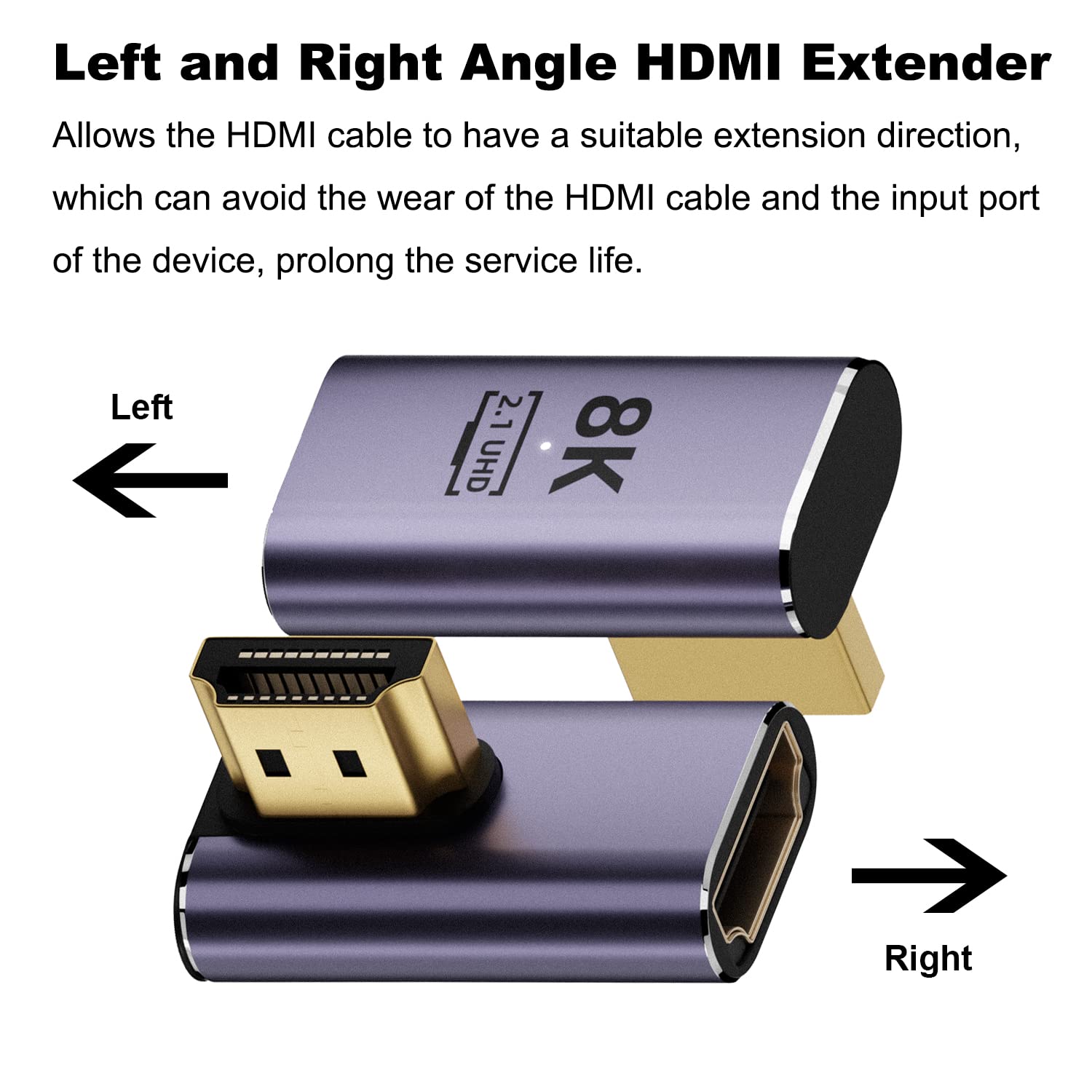 AreMe 8K HDMI 2.1 Right Angle Adapter (2 Pack), Left&Right 90 Degree and 270 Degree HDMI Male to HDMI Female Extender Connector Aluminum Alloy