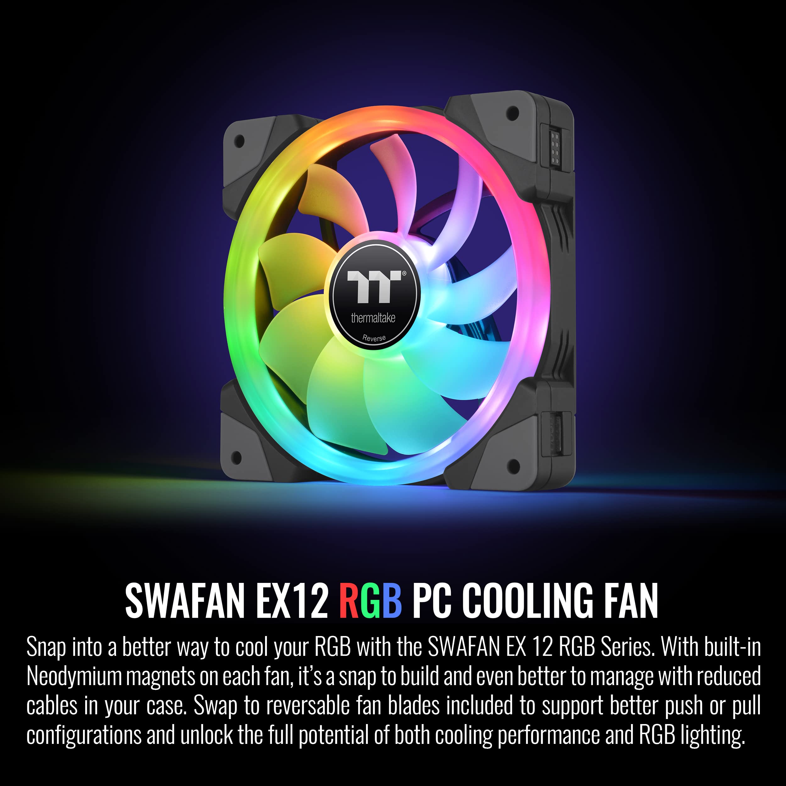 Thermaltake SWAFAN EX 12 RGB PC Desktop Cooling Fan, 3 Pack, 500-2000 RPM, Magnetic Connection, Reversable Blades, Controller Included, CL-F143-PL12SW-A,Black, 120mm