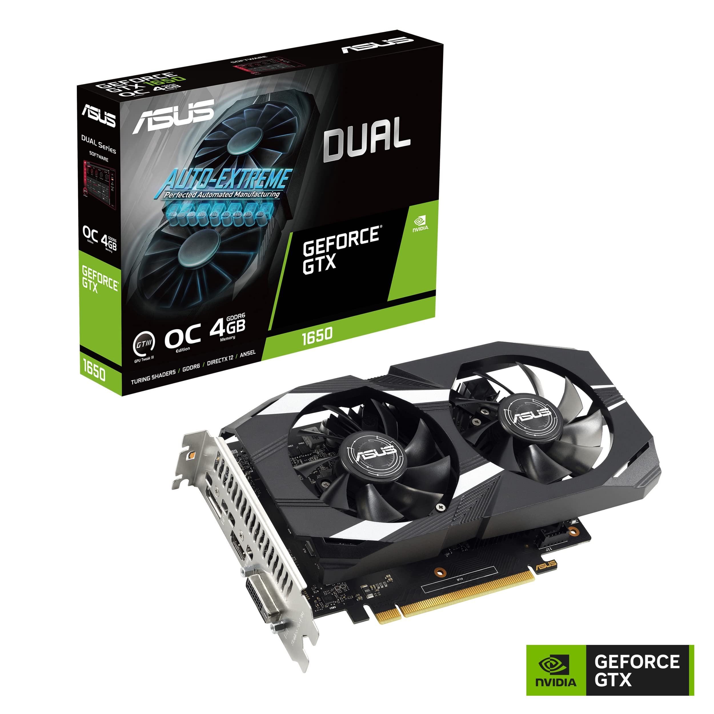 ASUS Dual GeForce® GTX 1650 V2 OC Edition 4GB GDDR6 (PCIE 3.0, 4GB GDDR6 memory, HDMI 2.0b, DisplayPort 1.4a, DVI-D, IP5X Dust Resistant, Auto-Extreme)