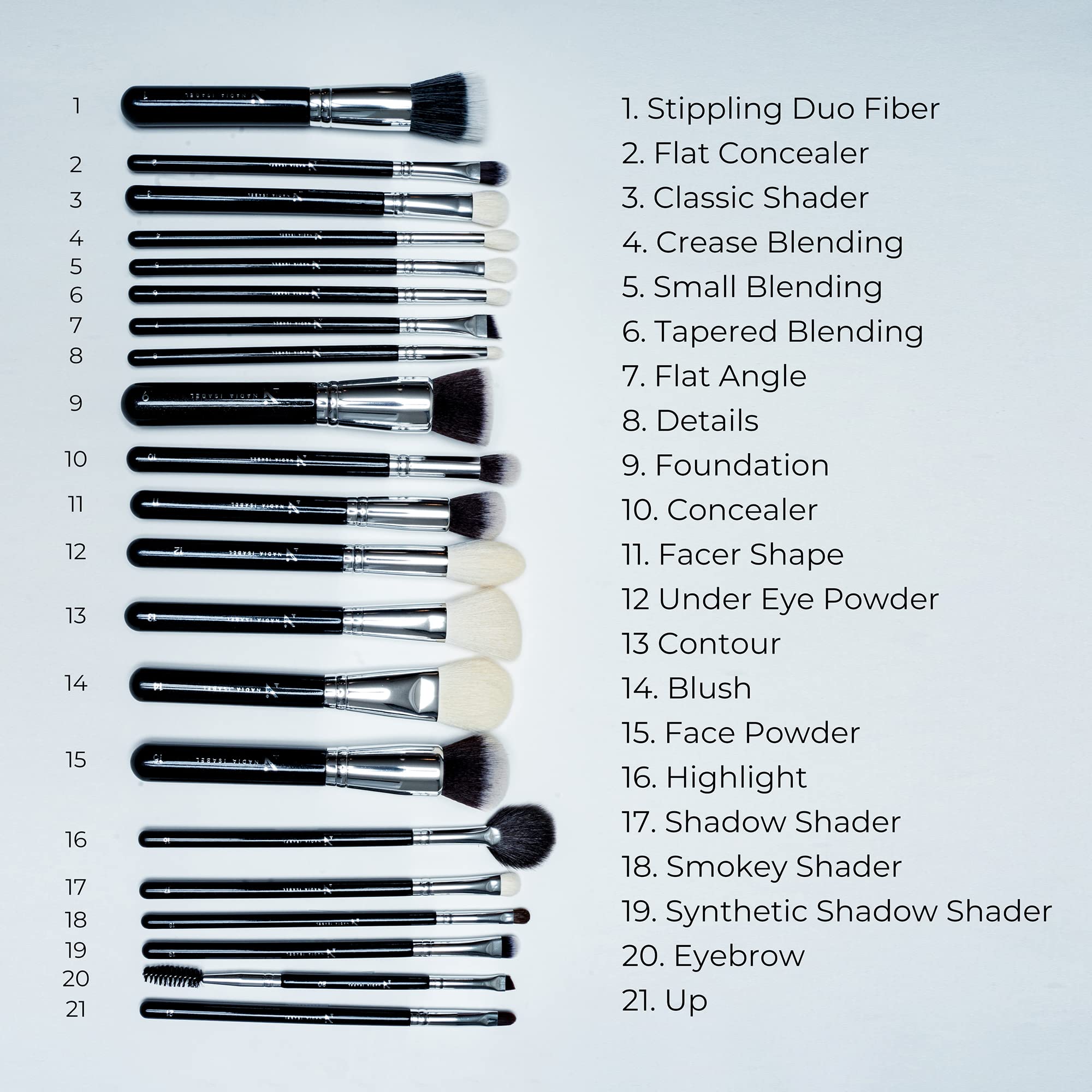 21 piece makeup brush set pro edition by nadia isabel - professional brush set for makeup application, natural and synthetic bristles, brush set with case, hard case, travel makeup case