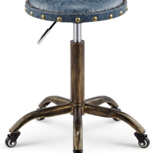 Swivel Bar Stool Studio Stool on Wheel，Roller Stool with Denim Pattern PU Synthetic Leather Seat，Adjustable Height 48-58 cm，Supported weight 160 Kg，Mechanic Stoolfor Beauty Salon Kitchen Spa,Adjustabl