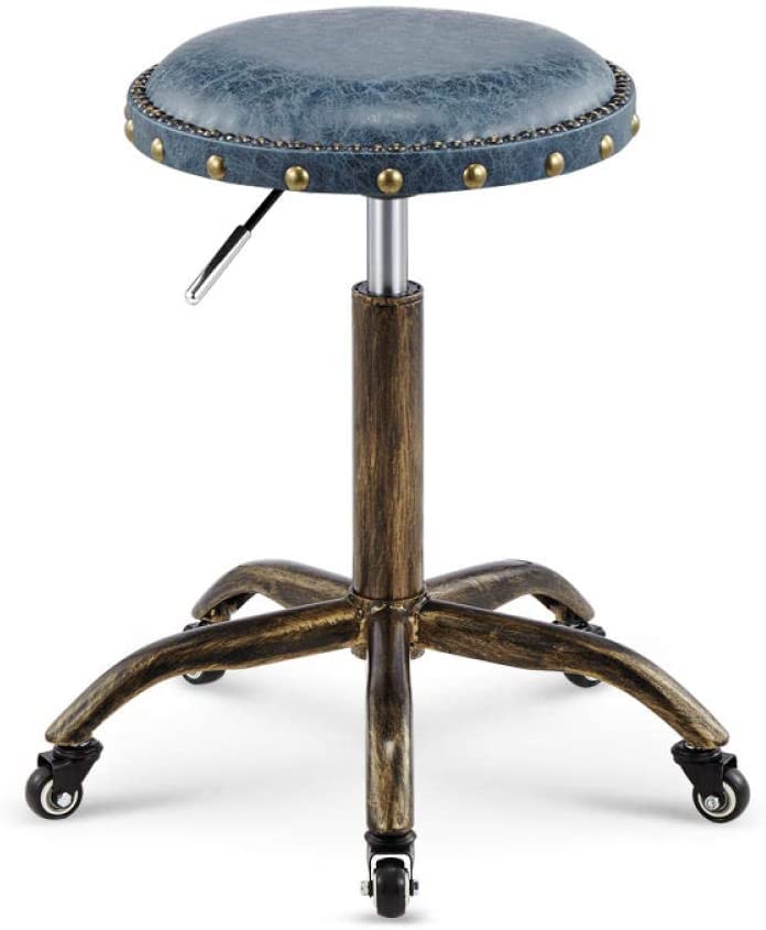 Swivel Bar Stool Studio Stool on Wheel，Roller Stool with Denim Pattern PU Synthetic Leather Seat，Adjustable Height 48-58 cm，Supported weight 160 Kg，Mechanic Stoolfor Beauty Salon Kitchen Spa,Adjustabl