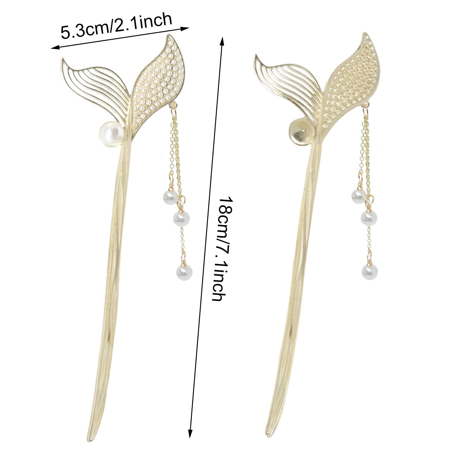 yueton 2PCS Fashion Fish Tail Alloy Hair Stick with Tassel Metal Pearl Rhinestions Hair Chopsticks Hair Forks Hairpins Hair Pins Chignon Pins Long Hair Decorations Hair Styling Pins for Buns