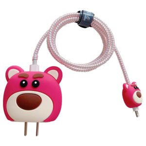 3d cute cartoon charger protector case - compatible for apple 20w usb-c power adapter and lightning cable (pink strawberry bear)