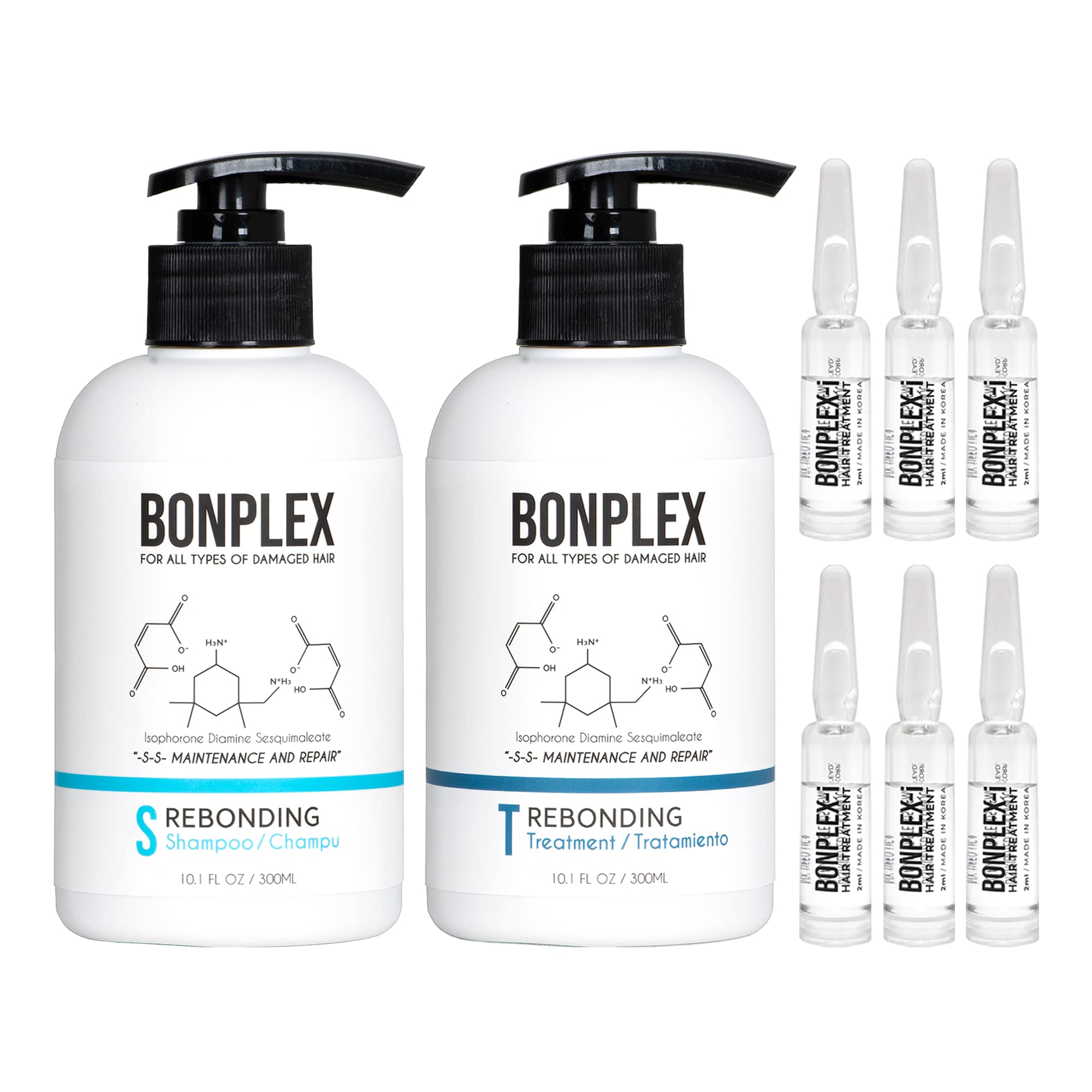 BONPLEX Perfect Bonding Hair Restore Shampoo, Treatment & Ampoule | Bond Strength | Frizz Free, Smooth & Shine| Repair Split Breakage | Damaged Hair Repair Concentrate Trio Kit (10.1oz + 6 ampoules)