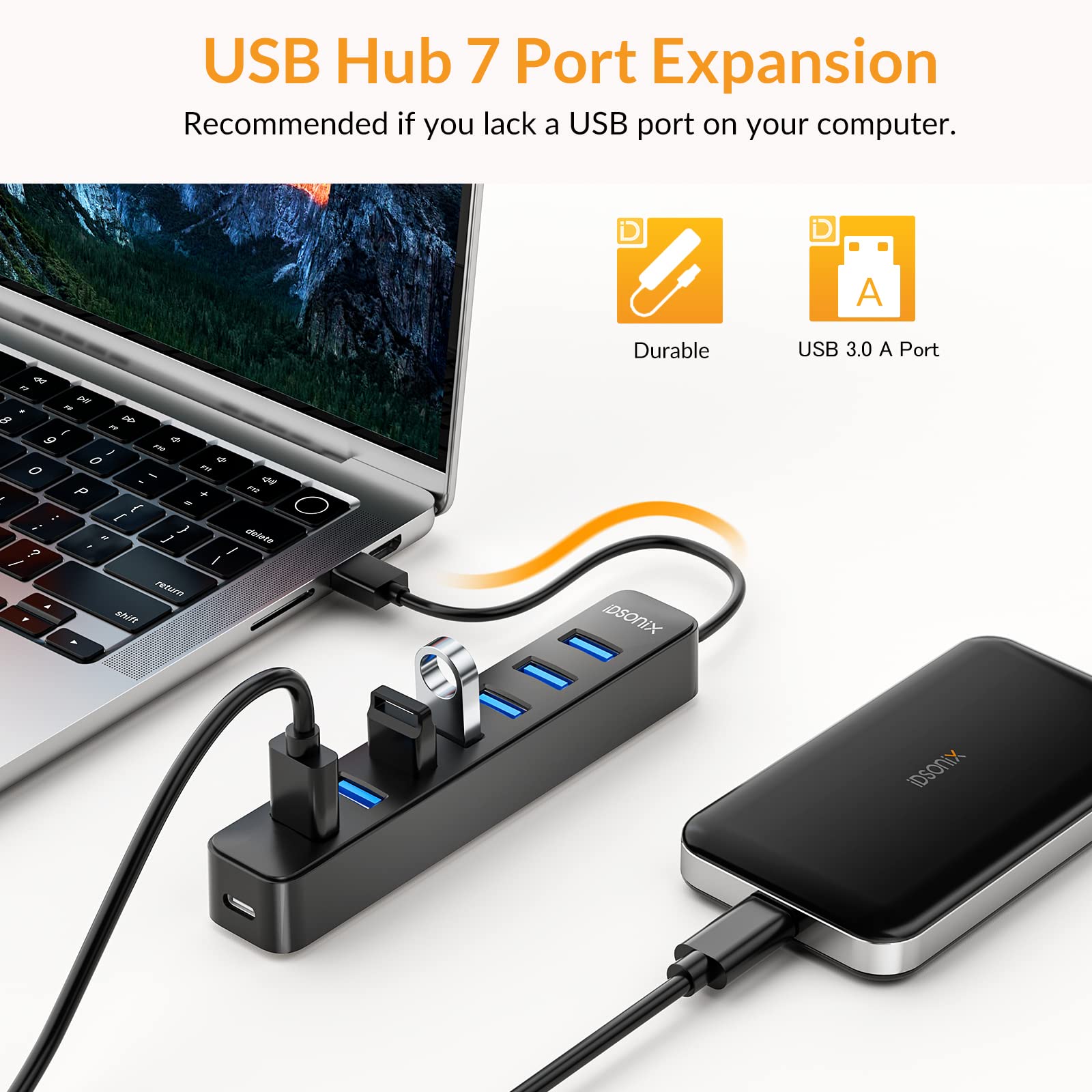 iDsonix 3.0 7 Port USB Hub and USB to USB C Adapter Cable