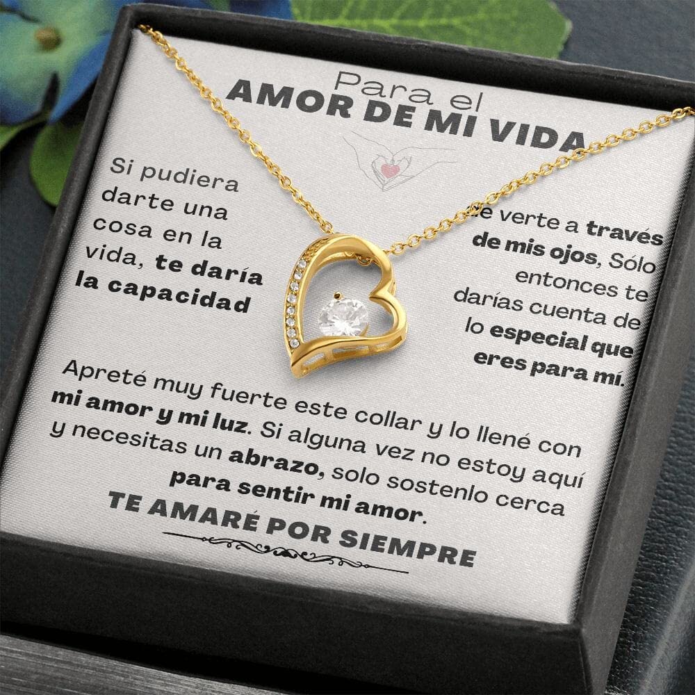 para el Amor de mi vida - Collar Por Siempre Amor - Forever Love B&W Acabado en Oro Amarillo de 18 quilates. / Cajita de Lujo Madera con Luz Led