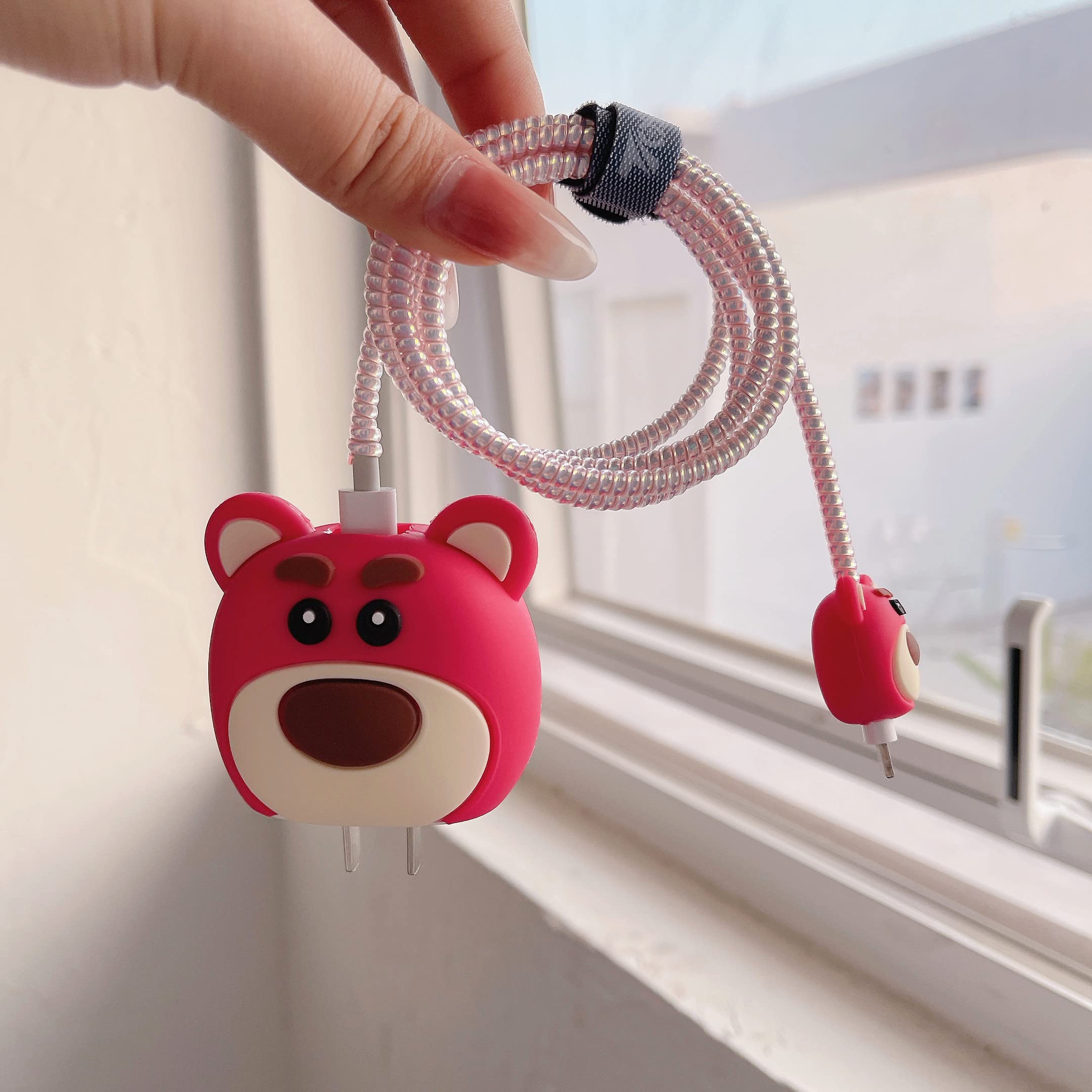 3D Cute Cartoon Charger Protector Case - Compatible for Apple 20W USB-C Power Adapter and Lightning Cable (Pink Strawberry Bear)