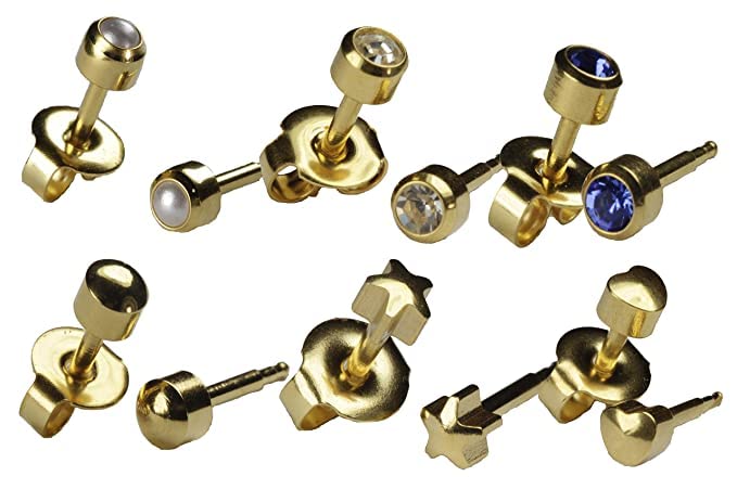 Ear Piercing Earrings 6 Pairs of 4mm 16ga Thick Post Gold Studs and 6 each ear aftercare gels Hypoallergenic