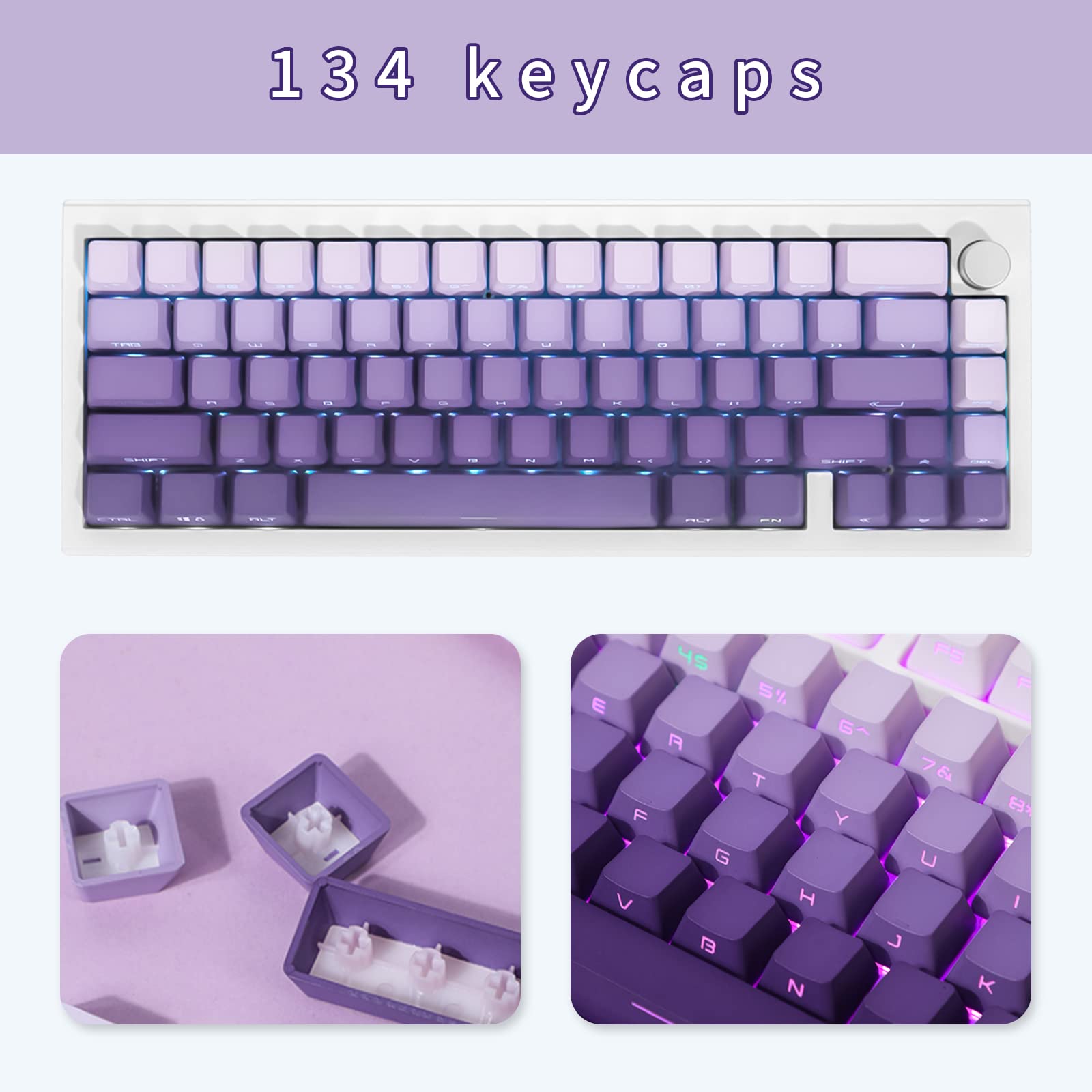 JOLINTAL 134 Keys Gradient Purple Keycaps, PBT Double Shot Dying Keycaps, OEM Side Print Keycaps Custom Keycaps Set, Shine Through Keycaps Cherry Mx Backlit Keycaps for Mechanical Gaming Keyboard